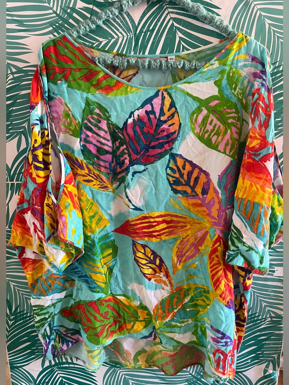 Jams World Turquoise Multicolor Leaf-Print Tunic Sz XL made in Hawaii